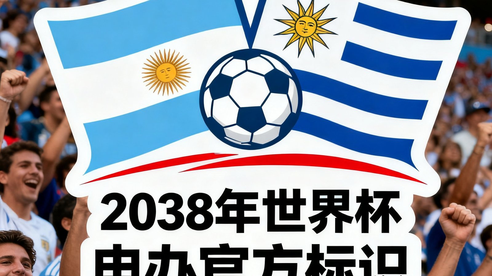 阿根廷与乌拉圭在布宜诺斯艾利斯联合发布2038年世界杯申办官方标识，标识融合了两国国旗元素和足球图案，背景是欢呼的人群。