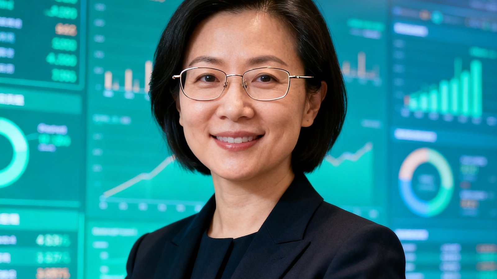PA集团中国首席财务官Grace Liu的专业形象照，她佩戴细框眼镜，站在财务数据大屏前，背景中显示着实时财务仪表盘