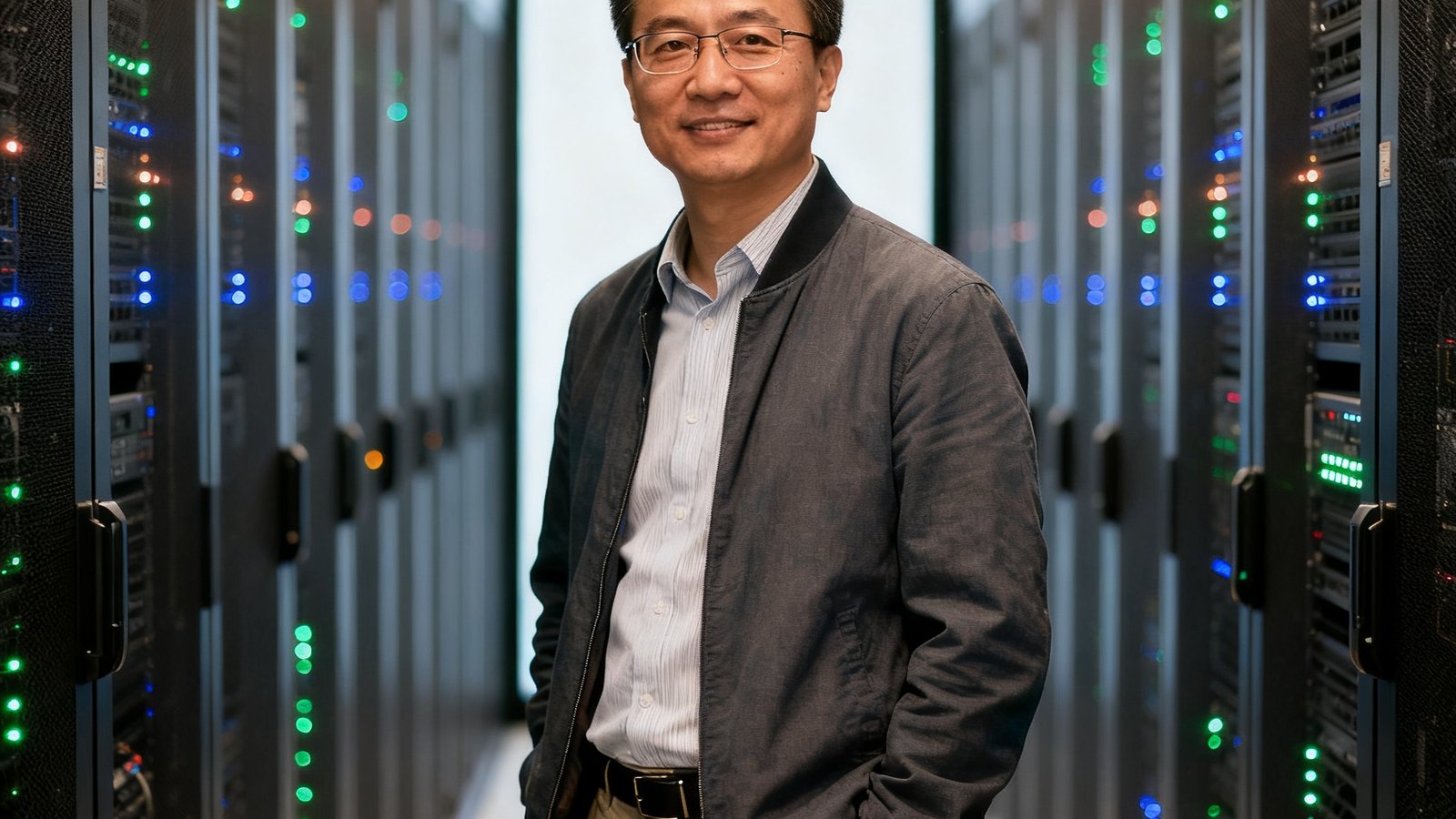 PA集团中国首席技术官David Zhang的半身照，他身穿休闲商务装站在服务器机房通道中，身后是整齐排列的机柜与闪烁的指示灯