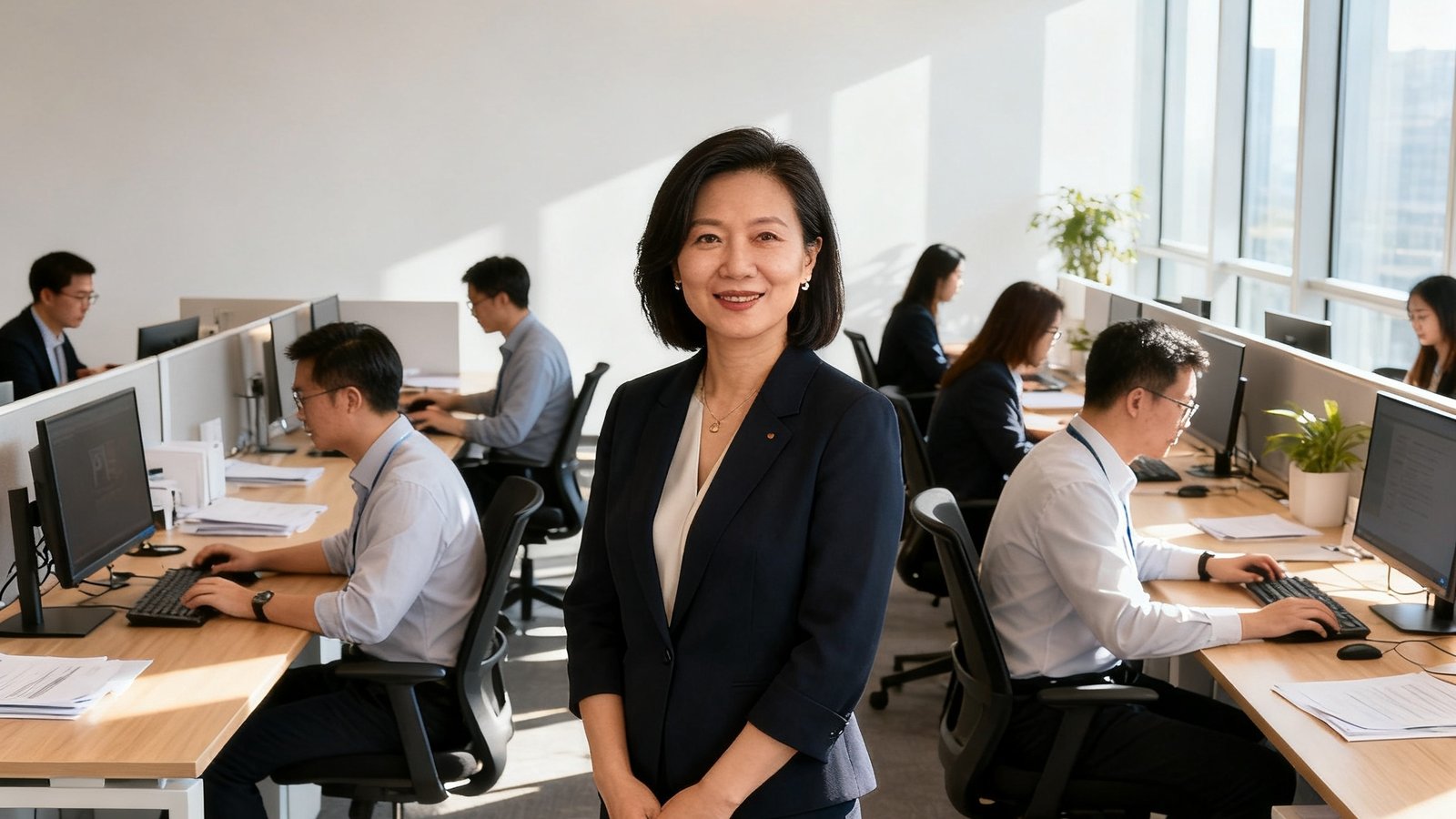 PA集团中国首席运营官Sophia Wang的正面照，她站在开放式办公区中央，周围是专注工作的团队成员，阳光透过落地窗洒入办公空间